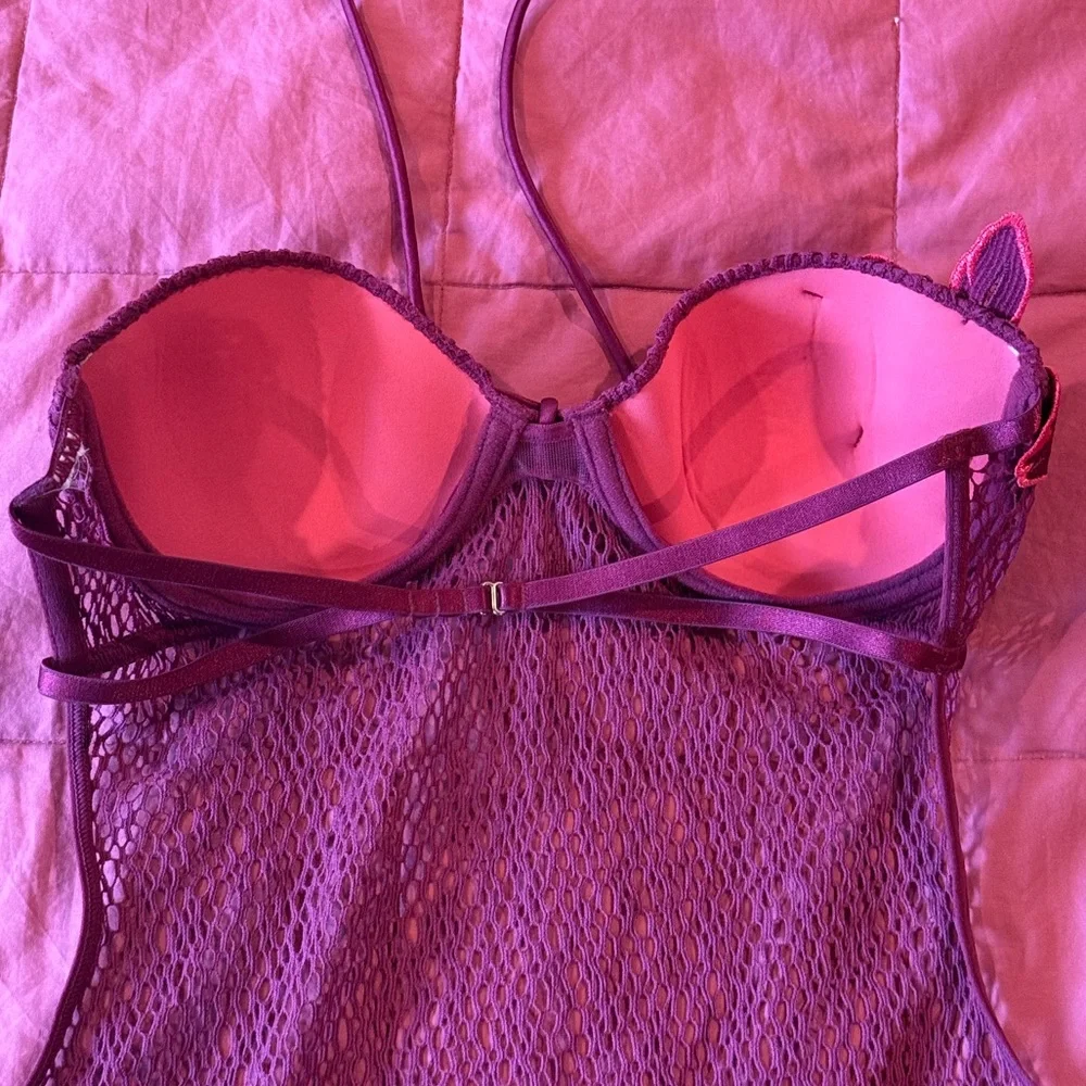 RARE VS, Open back Maroon Mesh Bandeau Bodysuit w/ Tropical Flower Detail - Picture 3 of 10